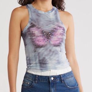 Madden Girl tie-dye mesh butterfly tank top with rhinestone butterfly design